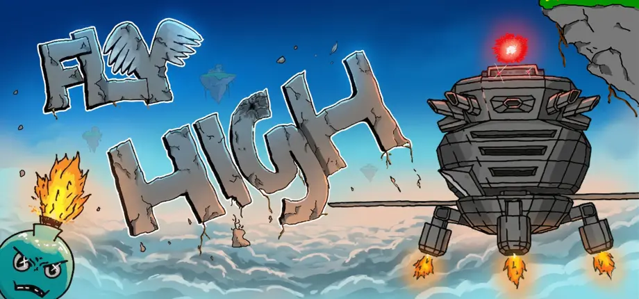 FlyHigh key art: stone letters on floating islands with a hovering robot boss